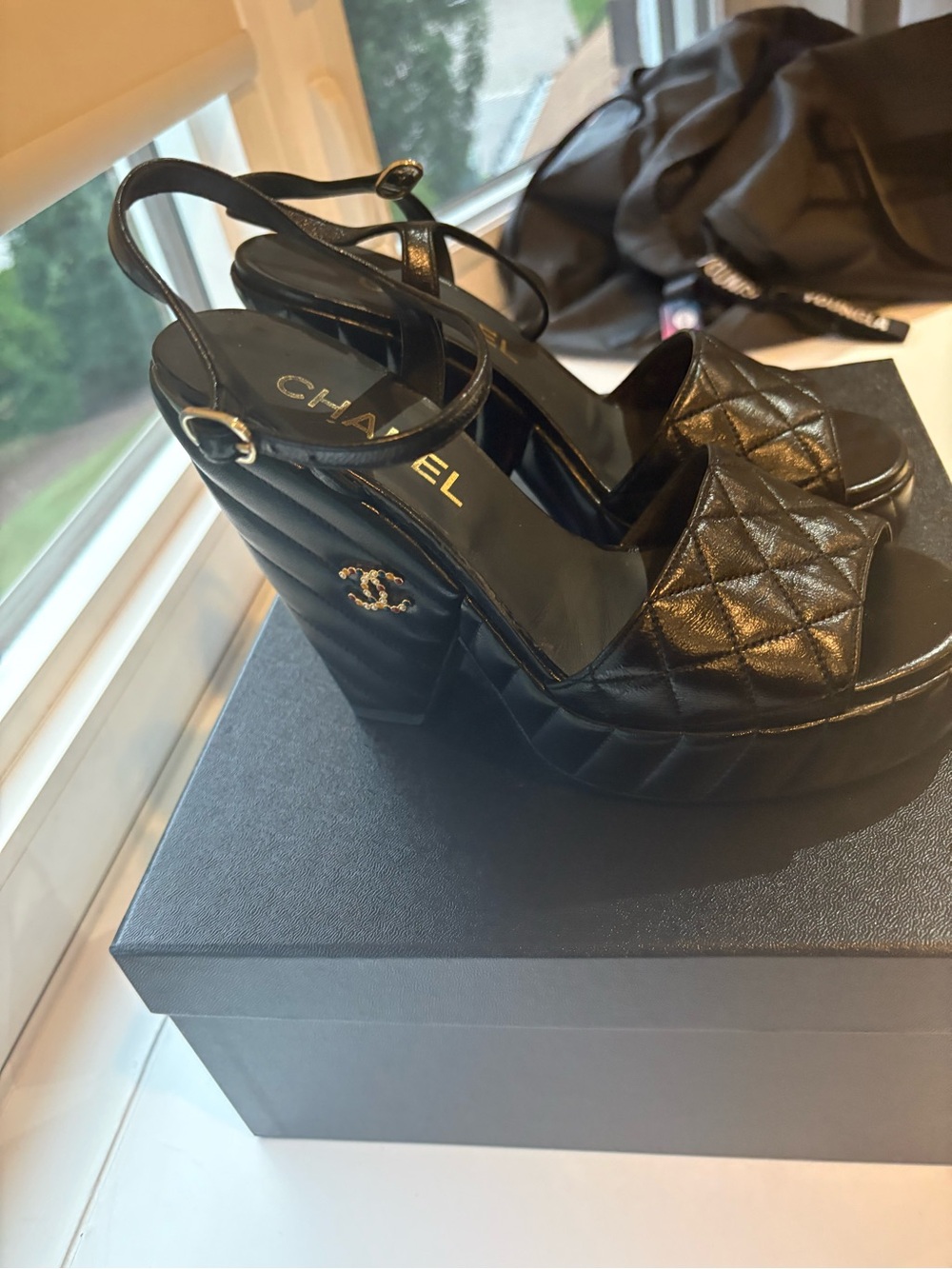 CHANEL Black Quilted Leather Platform Sandals -size 7 - Picture 9 of 17